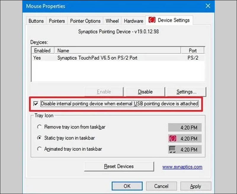 Click để bỏ chọn tùy chọn Disable internal pointing device when external USB pointing device is attached