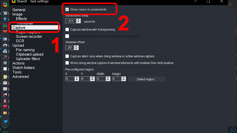 Chọn mục Capture và bật tùy chọn Show cursor in screenshots