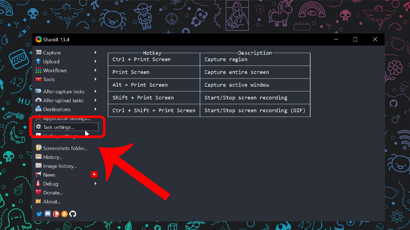 Khởi động ShareX và chọn mục Task Settings
